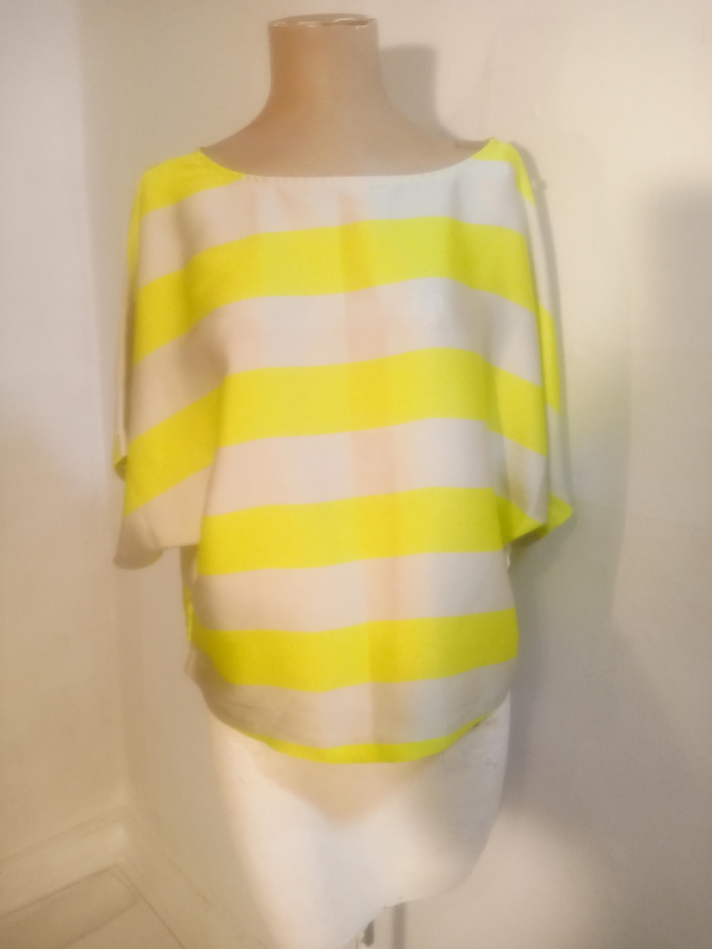 Express Women’s Neon Yellow and White Striped Boatneck Top